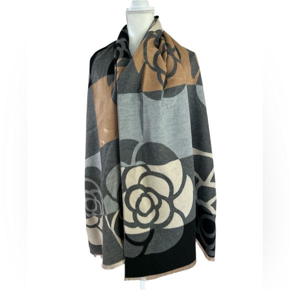 Accessories - Cashmere Camellia Flower  Shawl in Black, Gray, and Tan